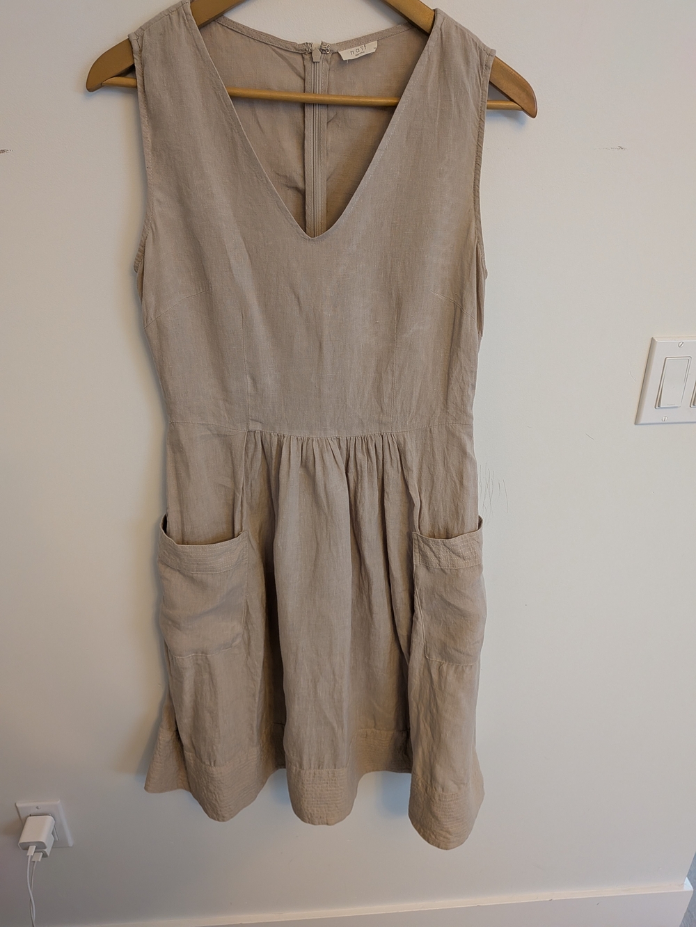 NAIF Linen Midi Dress in Beige with Front Pockets